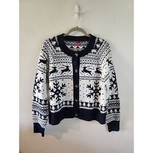 Dec.25th Womens XL BlueWhite Christmas Sweater Button Cardigan Holiday Reindeer